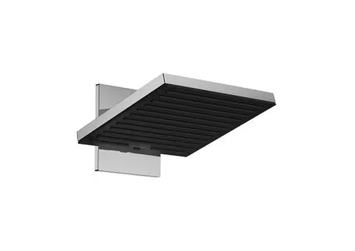 Kopfbrause von Hansgrohe mit quadratischer, flacher Oberfläche, Wandanschluss und vertikalen Rillen für Wasserfluss, in glänzendem Chrom-Finish.